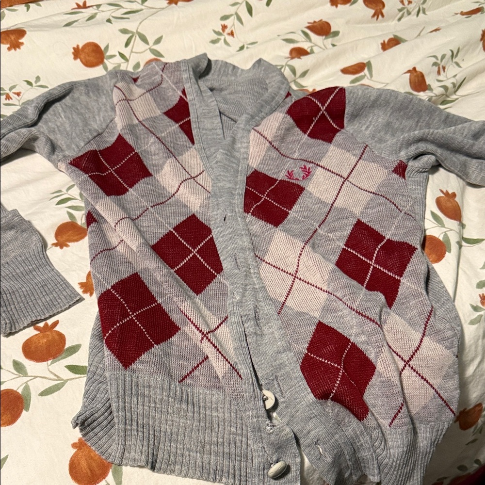 Fred Perry Gray and Red Argyle Cardigan